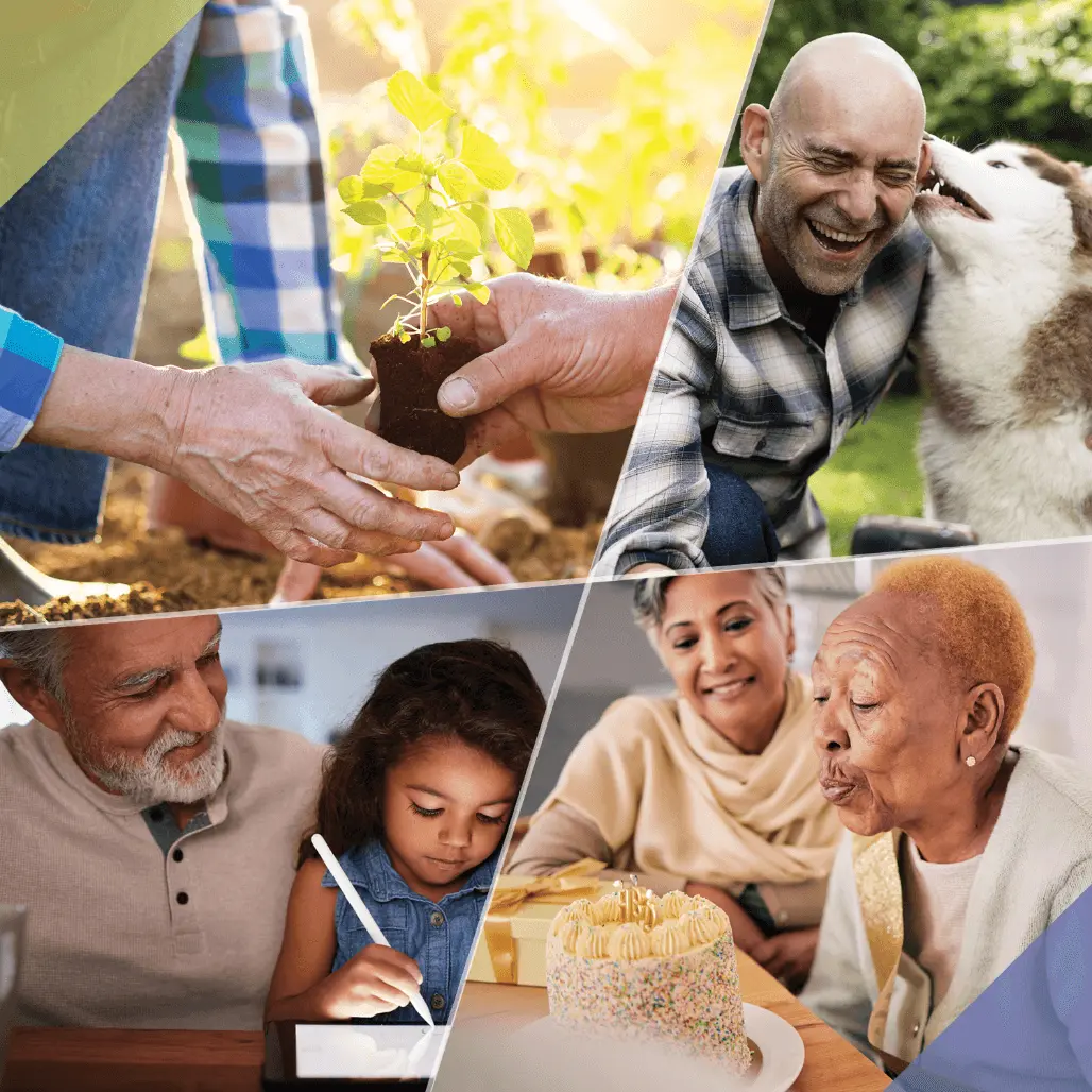 Collage de pacientes con seres queridos/realizando actividades.